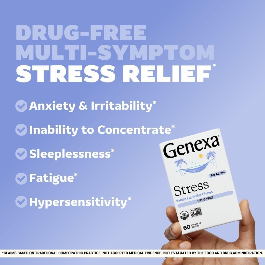 Genexa Sleep & Stress Bundle for Adults | Fatigue, Anxiety, & Irritability Relief | Melatonin-Free | Natural Vanilla & Lavender | Organic, Non-GMO, Homeopathic | 2 x 60 Tablets