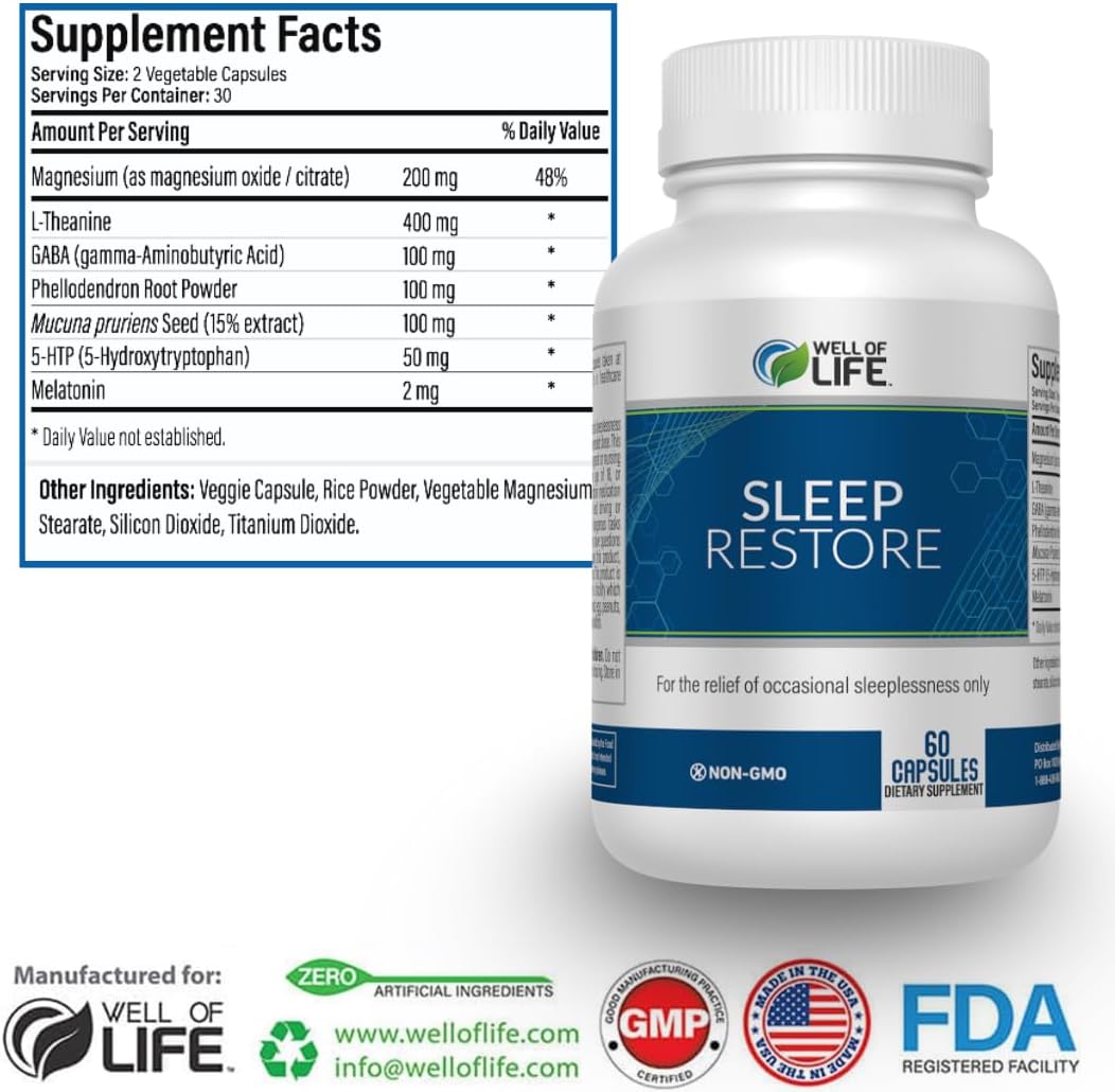 Sleep Restore - Tranquil Sleep Formula with L-Theanine, GABA, 5-HTP, Magnesium, Melatonin & More - 60 Veg Capsules for Deep, Refreshing Sleep & Overall Well-Being