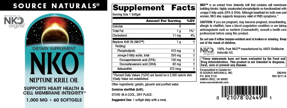Source Naturals NKO Neptune Krill Oil, Supports Heart Health and Cell Membrane Integrity*, 1,000 mg - 60 SoftGels