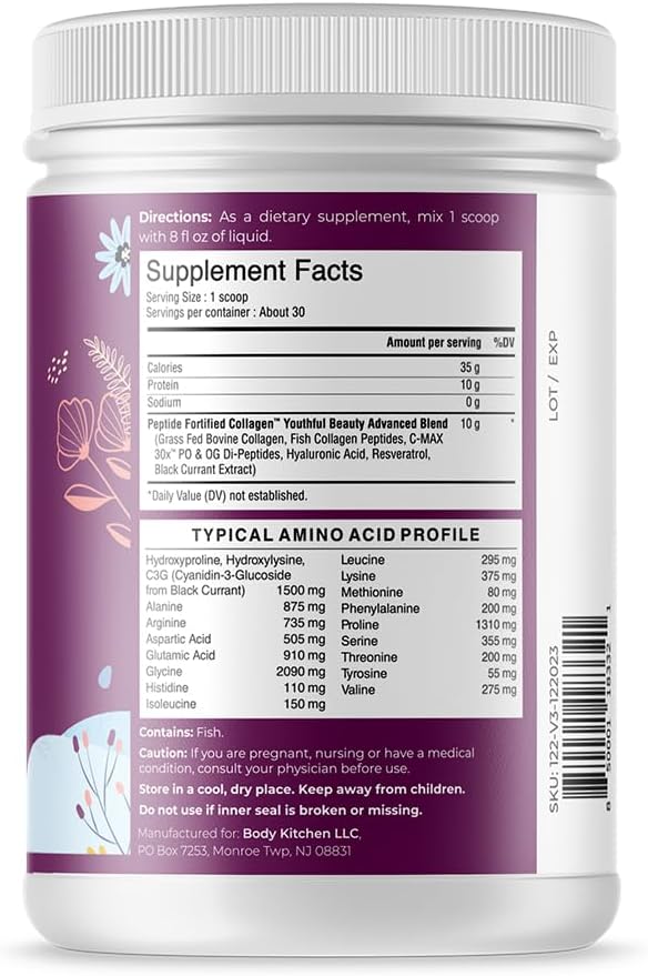 Body Kitchen Youthful Beauty Advanced, Collagen Peptides Powder for Beautiful Hair Skin Nails, Resveratrol and Hyaluronic Acid for Anti-Aging & Antioxidant Support, Grass Fed (Pack of 2)