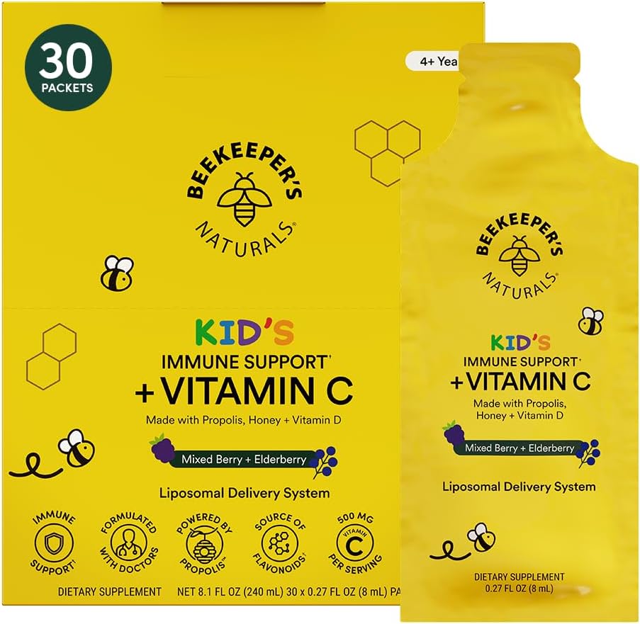 Beekeeper's Naturals Kid's Immune Liposomal Vitamin C, 500 mg Vitamin C, Elderberry, Vitamin D, Propolis & Honey, Kid-Friendly Immune Support - Mixed Berry Flavor, Easy to Use, Bioavailable, 30 Ct