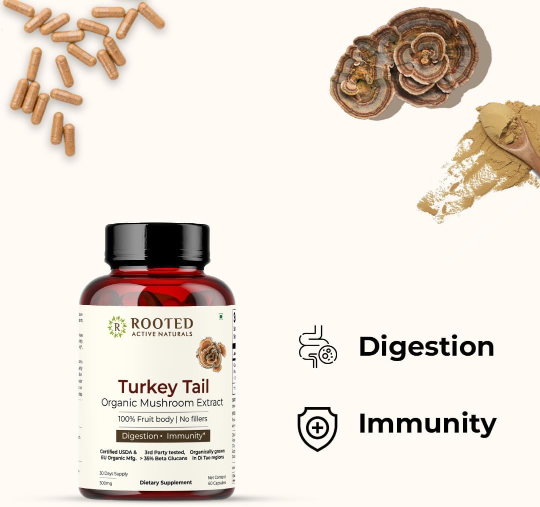 ROOTED Active's Turkey Tail Mushroom Extract Capsules (60 Veg Caps, 500 mg) | Heart Health, Stress Relief, Liver. USDA Organic, 35% Beta Glucans, Certified Organic