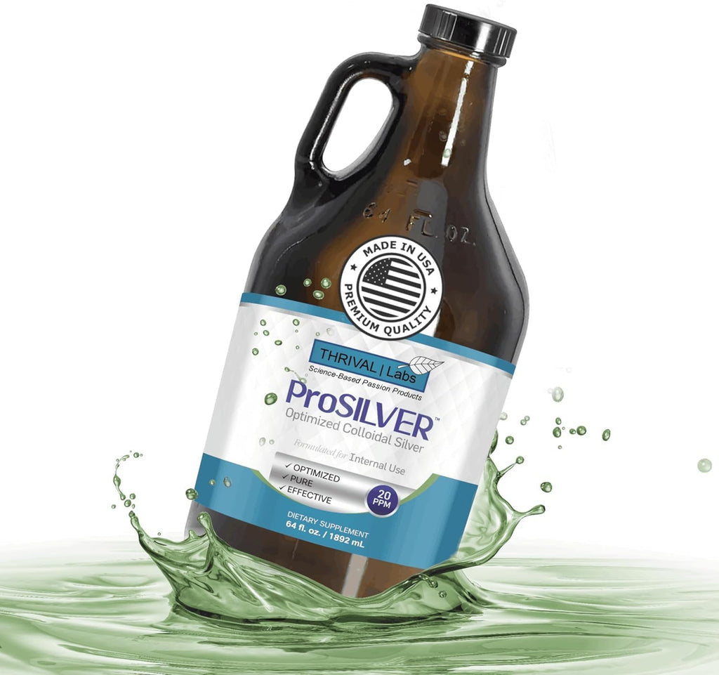 ProSILVER Blue Label 20 PPM Colloidal Silver Liquid, Optimized Bio-Active Nano-Sized Liquid Silver for Immune Support, Dark Glass Bottle - Thrival Labs (64oz)