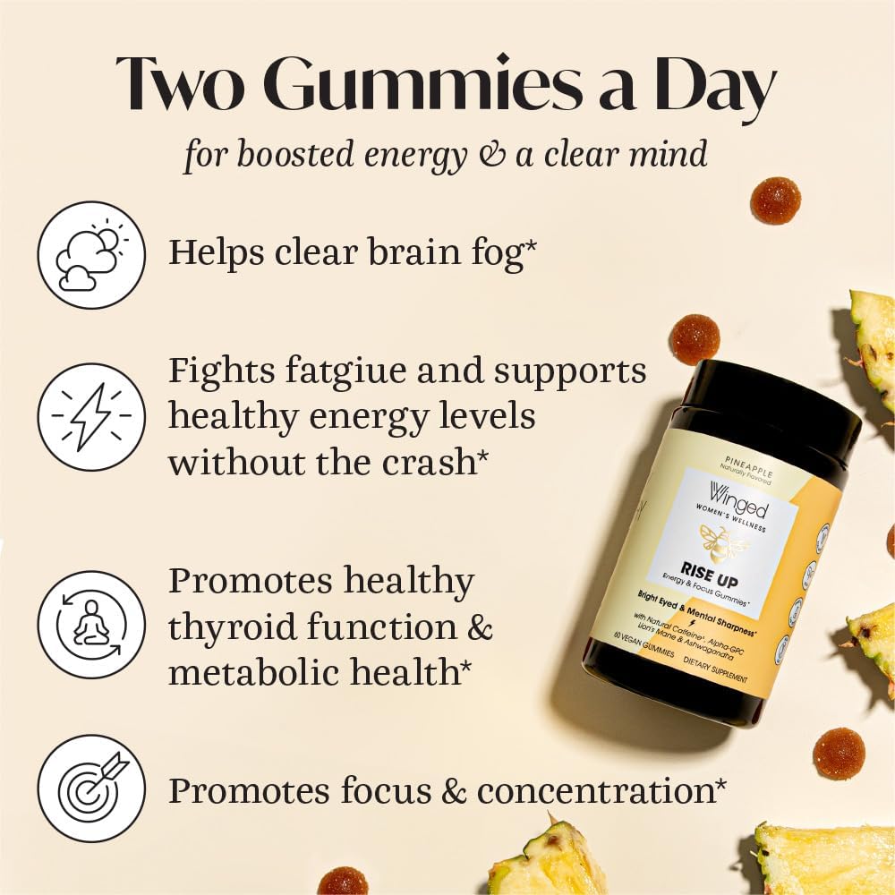 Winged Rise Up Gummies | Energy & Brain Boost Supplement | Natural Caffeine, Ashwagandha & B12 for Energy | Nootropics Alpha-GPC, Lion’s Mane & Huperzine A for Focus | Pineapple Flavor (90 Servings)