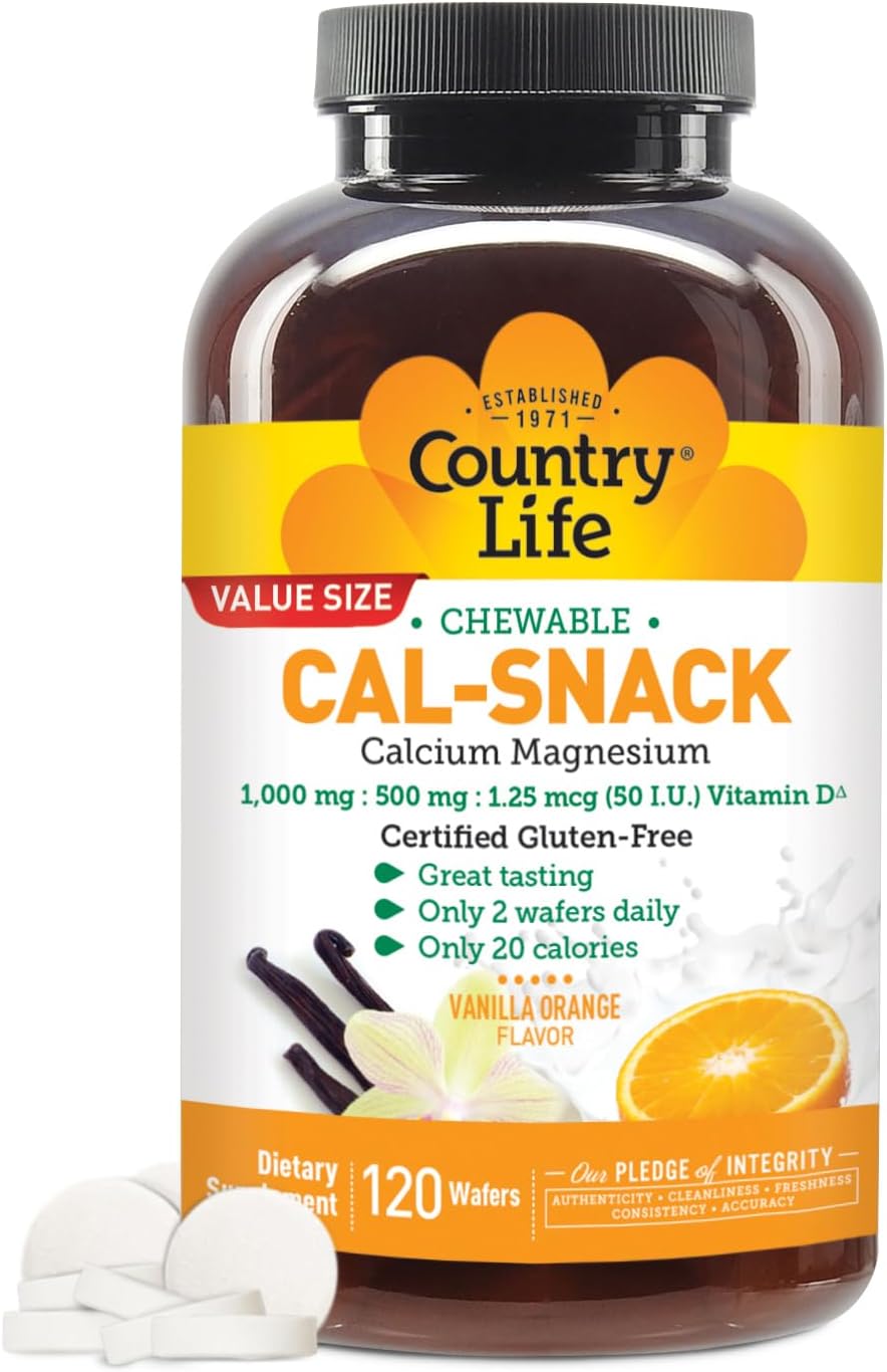 Country Life Cal-Snack - Chewable Calcium Magnesium Supplement wafers with Vitamin D3, Easy to Digest, Vanilla Orange Flavor, Dietary Supplement