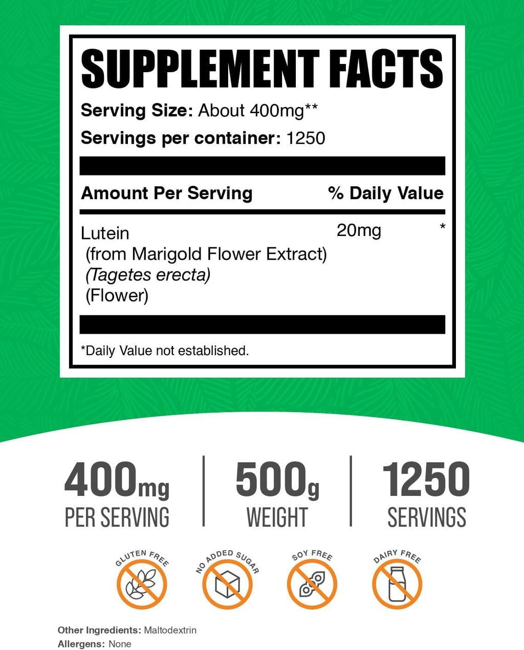 BulkSupplements.com Lutein Powder - from Marigold Flower Extract, Eye Supplement, Lutein 20mg - Antioxidant Source, Gluten Free, 400mg per Serving, 500g (1.1 lbs) (Pack of 1)