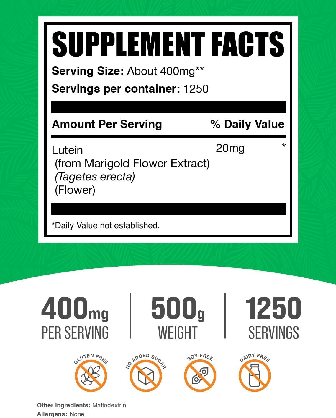 BulkSupplements.com Lutein Powder - from Marigold Flower Extract, Eye Supplement, Lutein 20mg - Antioxidant Source, Gluten Free, 400mg per Serving, 500g (1.1 lbs) (Pack of 1)