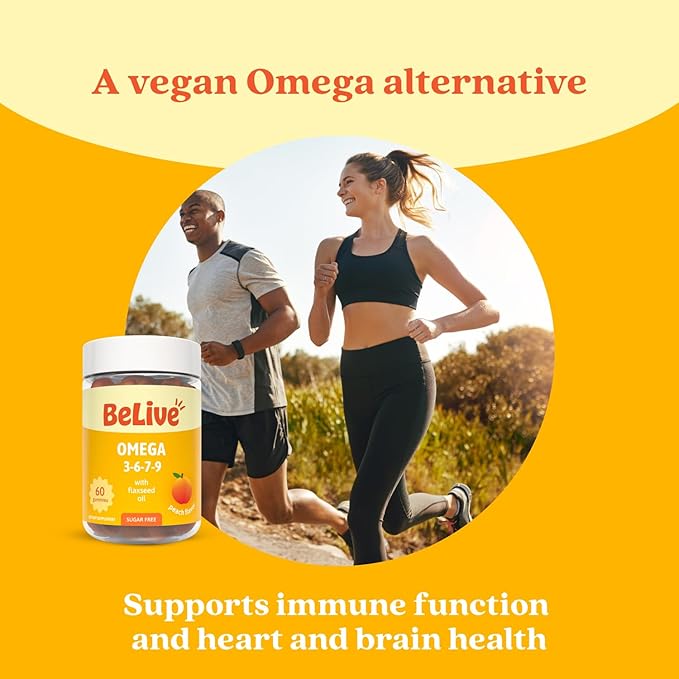 BeLive Organic Omega 3 Gummies - Omega 3 6 9 7 DHA & EPA from Flaxseed Oil & Sea Buckthorn Fruit Oil, Vegan, for Kids & Adults, Full Body, Brain & Eye Support, Sugar Free – Peach | 5-Pack