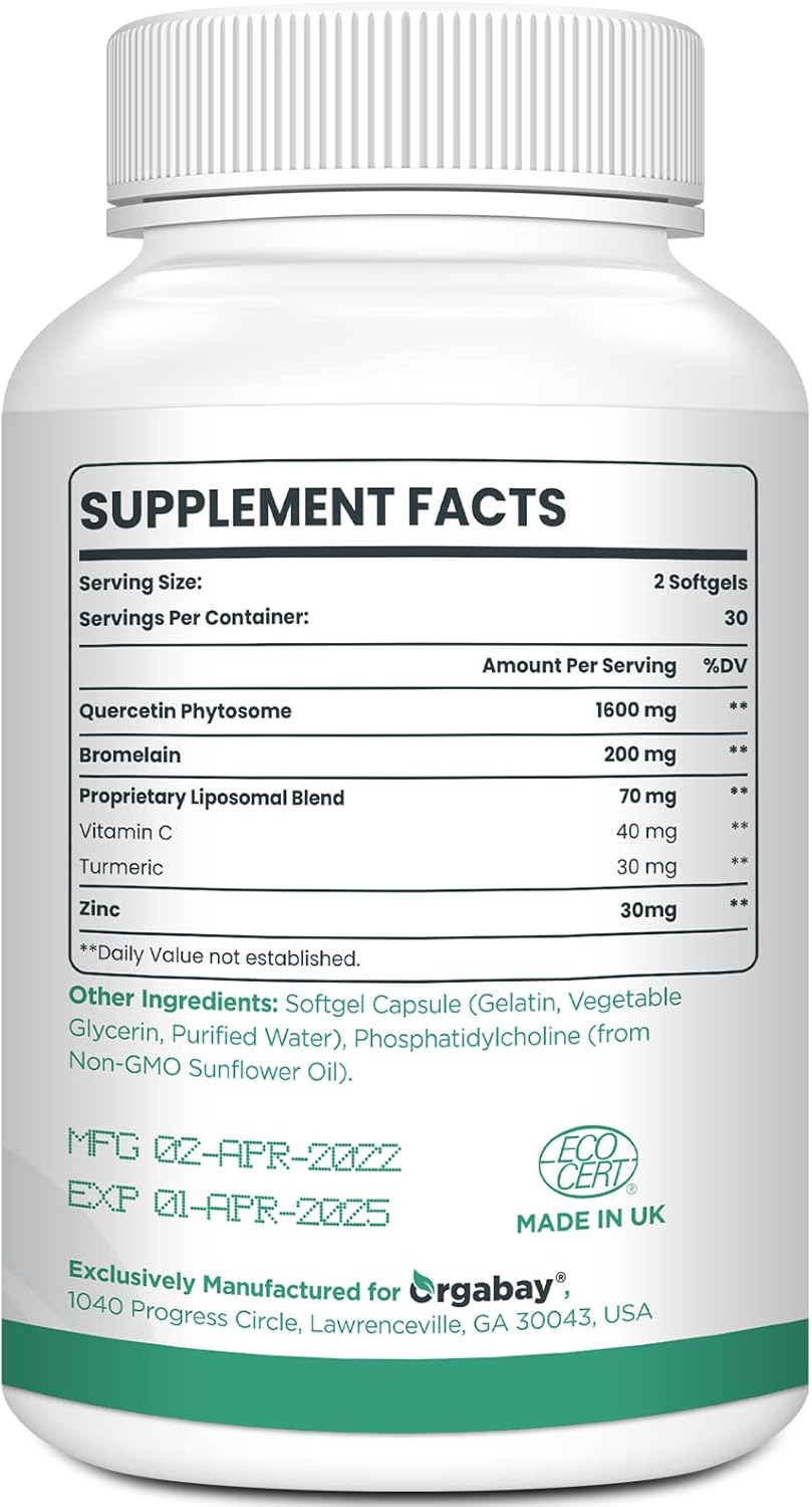 Orgabay Liposomal Quercetin Phytosome 1600 mg,Bromelain 200mg,Zinc 30mg,Vitamin C Turmeric 40 mg,Highest Absorption,Quercetin Complex, 60 Softgels
