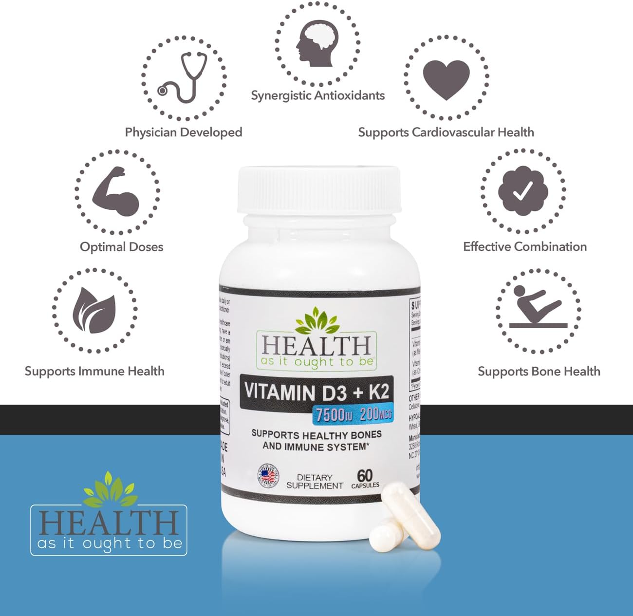 Health As It Ought To Be Vitamin D3+K2 Supplement | Supports Healthy Bones and Immune Health | 60 Capsules