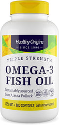Healthy Origins Triple Strength Omega 3 Fish Oil 1250mg from Wild Alaska Pollock, with DHA, EPA & Omega 3s, Gluten-Free Non-GMO 180 Softgels