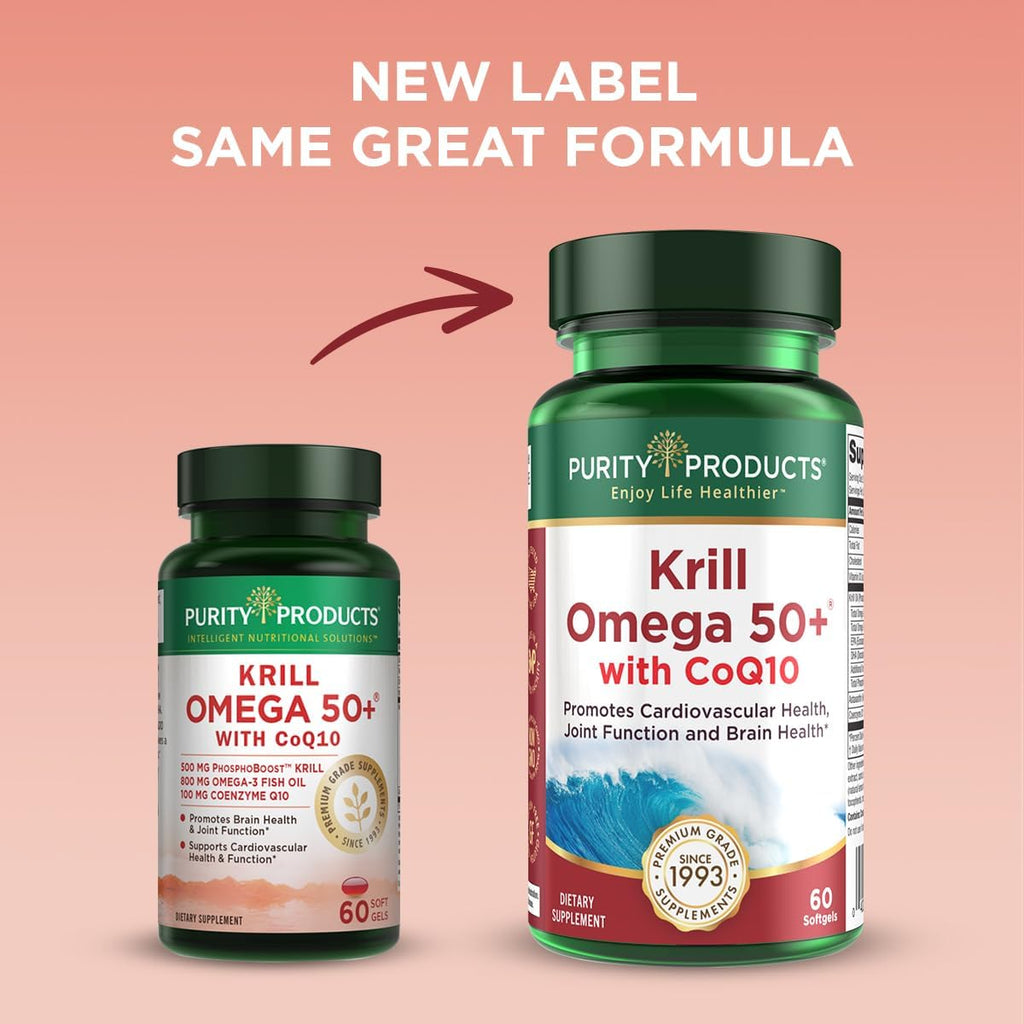 Krill Omega 50 Plus w/ CoQ10 from Purity Products - 1300mg Krill Oil and Fish Oil Blend - 100mg CoQ10 - 500mg Natural Astaxanthin - Support for Joint, Brain Health and more - 60 Mini Softgels