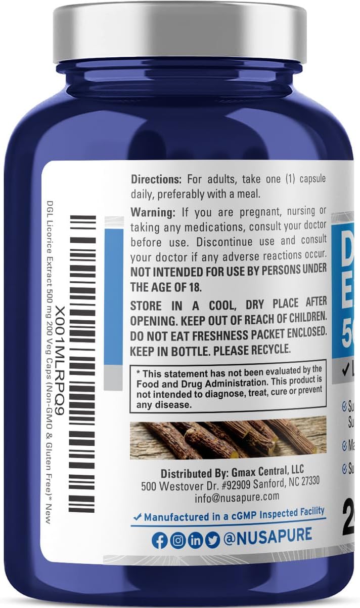 NusaPure DGL Licorice Extract 500 mg 200 Veggie Capsules (Vegan,Non-GMO)