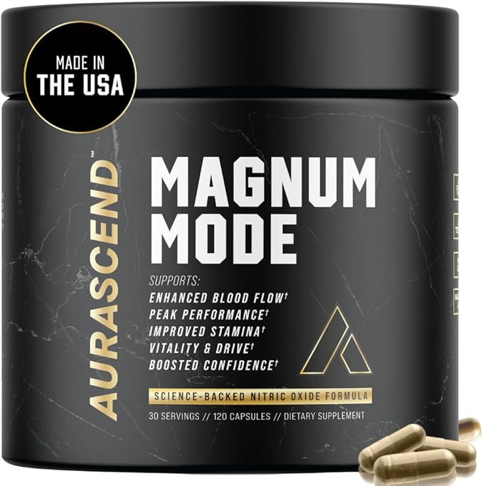 Aurascend Magnum Mode: Nitric Oxide Supplements for Men w/L Arginine, Natural Blood Flow Boost, Stamina Support, Energy Maximizer, Metabolic Pre Workout | 120 Count
