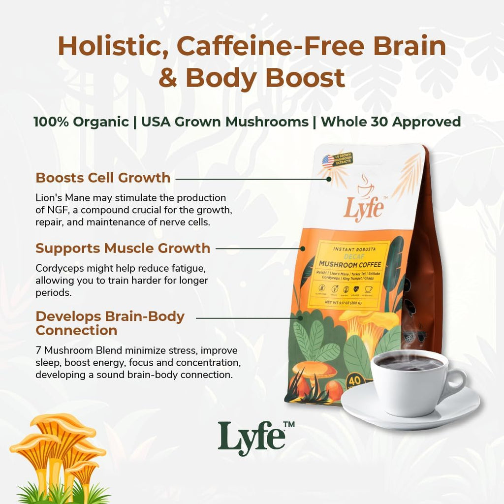 LYFE Organic Instant Decaf Mushroom Coffee – Lion’s Mane, Chaga, Cordyceps, Turkey Tail | USA Grown Adaptogenic Mushrooms for Better Energy, Focus, Gut Health, Immunity – 40 Servings