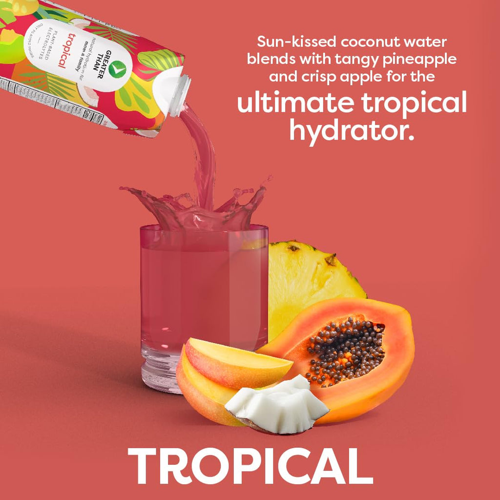 Greater Than Nutrient Hydration Beverage, Electrolyte Drink for Gut Health & Energy with Coconut Water, Vitamins, Gluten Free, Plant Based, Low Sugar, Tropical, 24 Pack