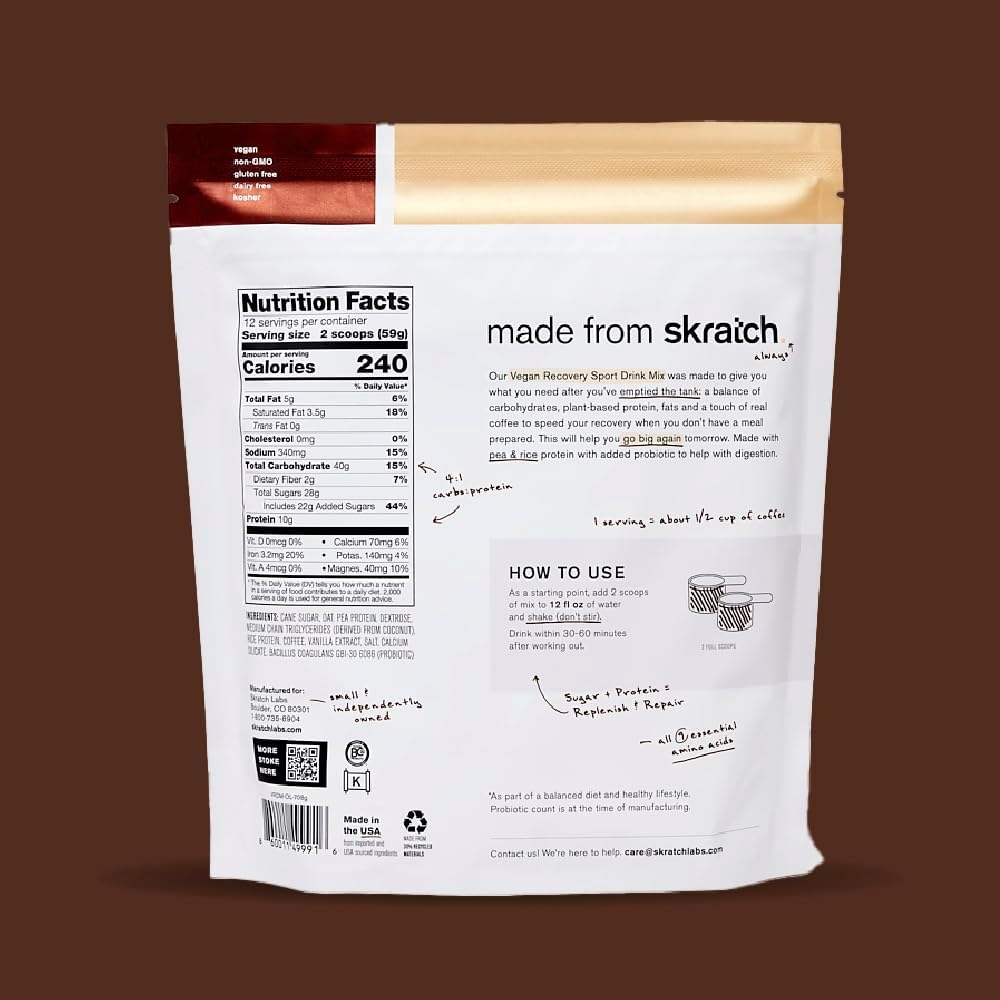 Skratch Labs Recovery Drink Mix - Oat Milk Latte - Post Workout Powder - Complete Plant Protein and Probiotics - 56mg of Caffeine from Coffee - 12 Servings - Gluten Free, Kosher, Non-GMO