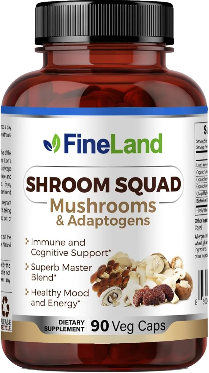 FineLand Shroom Squad 5-Mushroom Master Blend - 1500mg Complex with Lion’s Mane, Reishi, Cordyceps, Chaga & Turkey Tail - Enhanced with BioPerine - Cognitive, Immune & Energy Support - 90 Veggie Caps