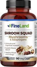 FineLand Shroom Squad 5-Mushroom Master Blend - 1500mg Complex with Lion’s Mane, Reishi, Cordyceps, Chaga & Turkey Tail - Enhanced with BioPerine - Cognitive, Immune & Energy Support - 90 Veggie Caps