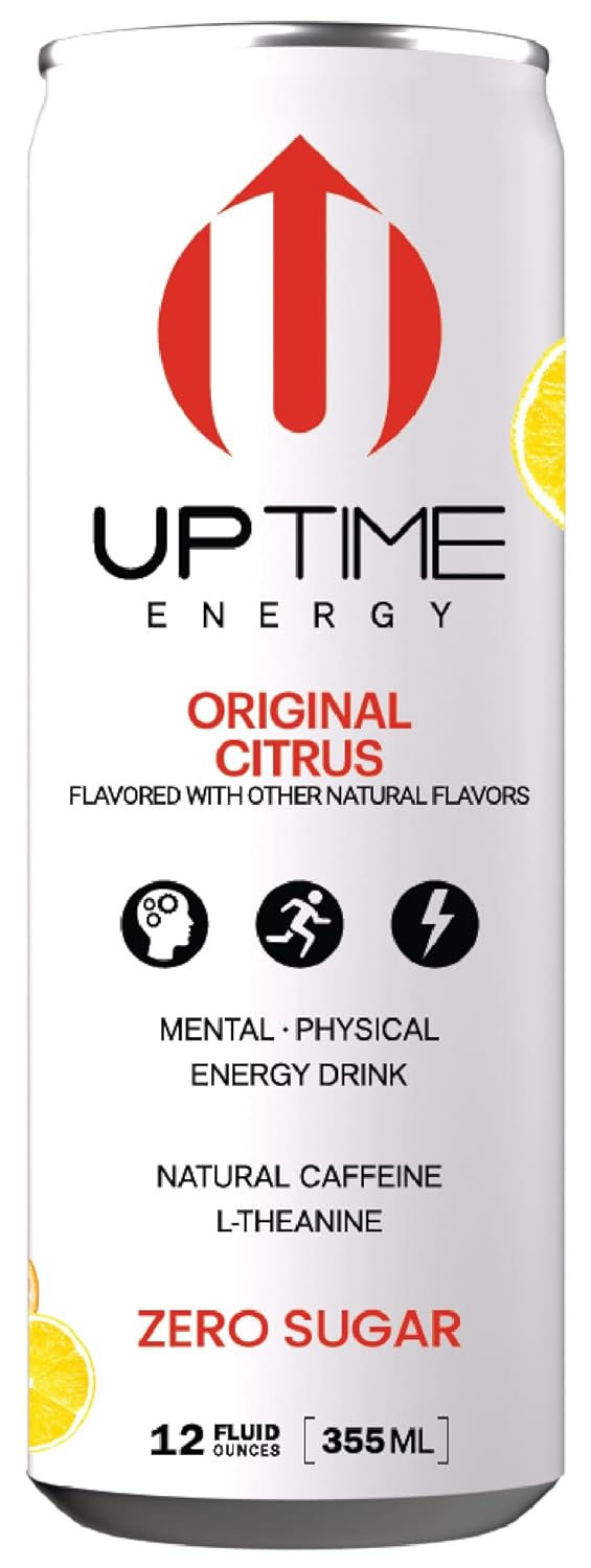 UPTIME Energy Drink, Original Citrus Sparkling, 12 Pack, Vitamin C, L Theanine, Calcium, Sugar Free Energy Drinks for Focus Support, 142mg of Natural Caffeine, 5 Calories, Clean, Natural, 12 fl oz Cans