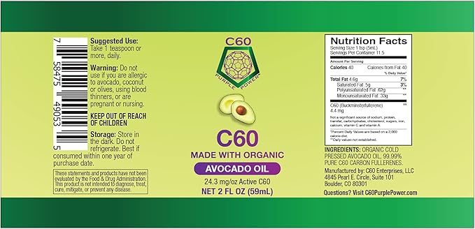 C60 Power C60 in Organic Avocado Oil - Natural Wellness & Antioxidant Support for Men & Women, 99.99% Pure Carbon Fullerenes, Promotes Energy, Mental Clarity, & Stamina - 2 fl oz Bottle
