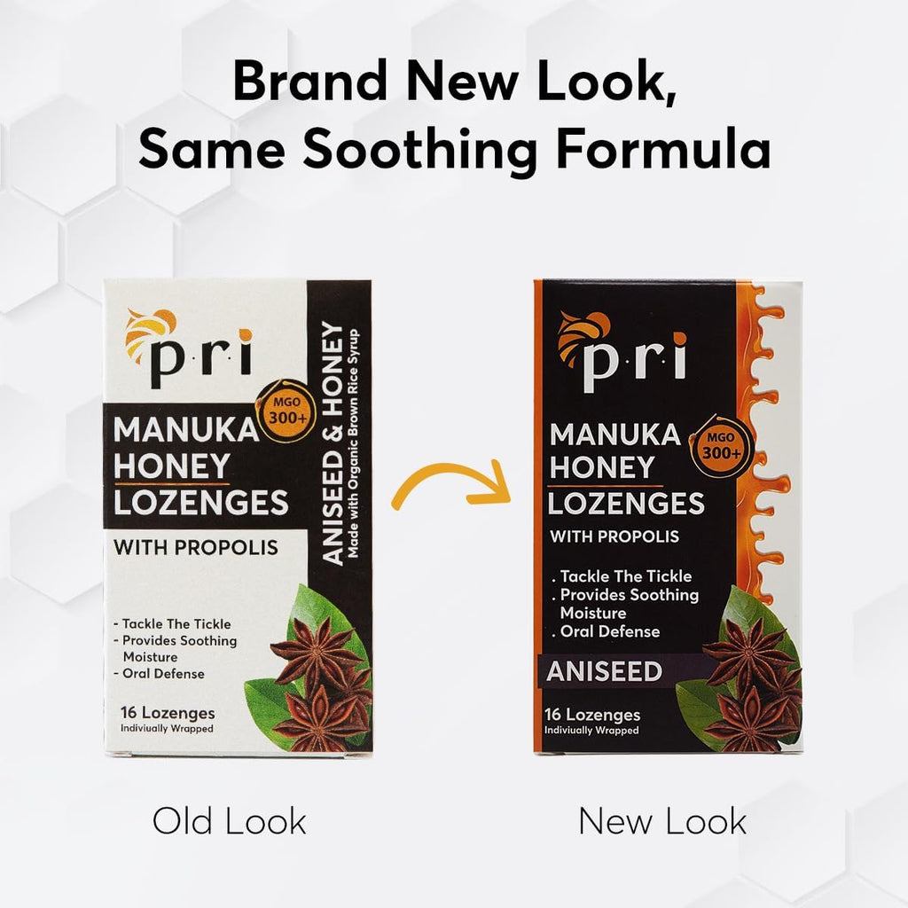 P.R.I Manuka Honey Lozenges with Propolis, Soothing Cough and Throat Drops, MGO 300+ Certified, (Original Aniseed, 16 Count/2 Pack)