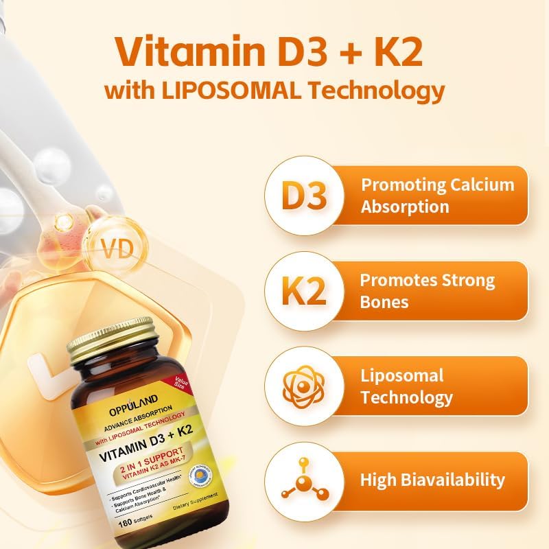 Vitamin D3 + K2 5000 IU - Liposomal Technology for Enhanced Absorption - MK-7 Vitamin K2 100mcg - Supports Bone & Calcium Metabolism - D3K2 Supplement for Men & Women - 180 Softgels