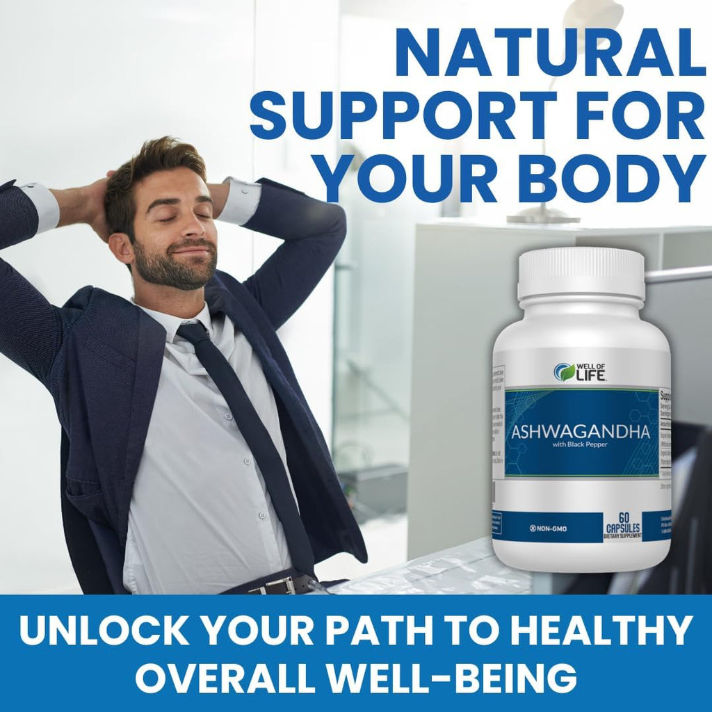 Well of Life: Ashwagandha 650mg + Black Extract 60 Veg Capsules: Enhanced Sleep & Well-Being. Adrenal Health Support. Non-GMO, GMP Certified. Made in USA.
