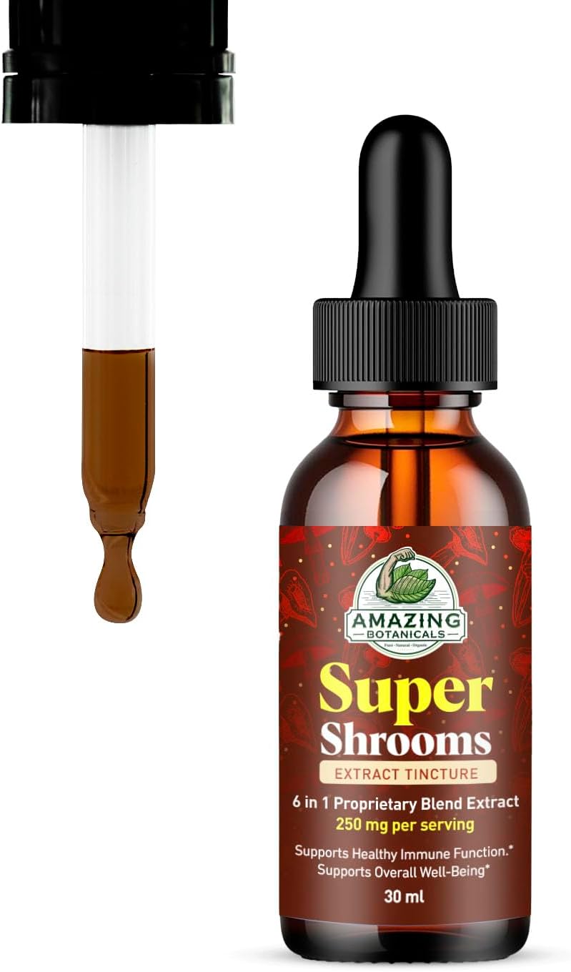 Super Shrooms 6 in 1 Mushroom Wellness Tonic – Chaga, Lion’s Mane, Reishi, Shiitake, Cordyceps, Turkey Tail – Alcohol-Free – Organic Mushroom Liquid Extract Tincture – 250mg per serving