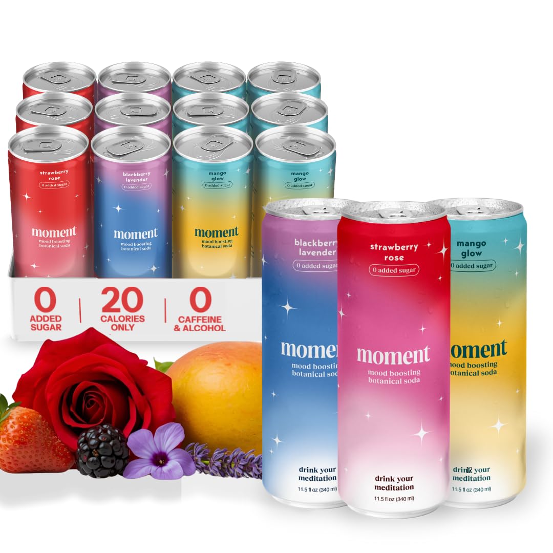 Moment Botanical Soda Soft Drink (Shark Tank) - SPARKLING Drinks | Fruity Fun | L-Theanine & Ashwagandha for Calm & Clarity | 0 Added Sugar 0 Caffeine | 24-pack
