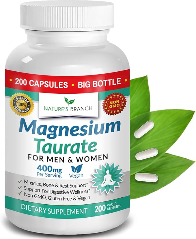 Magnesium Taurate 400mg | High Absorption | 200 Capsules for Sleep, Heart Health, Calm, Joint Supplement for Women and Men - Made in USA, Pure Elemental Mag Powder Plus Taurine - Extra Strength Pills