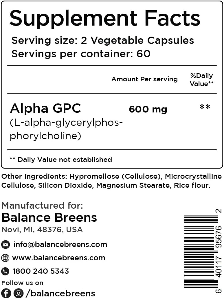 Alpha GPC Choline Supplement 600mg, 120 Veg Capsules - Advanced Memory Formula, Nootropic Brain Support (120 Count (Pack of 1))