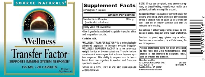 Source Naturals Wellness Transfer Factor, Supports Immune System Response* 125mg, 60 Capsules