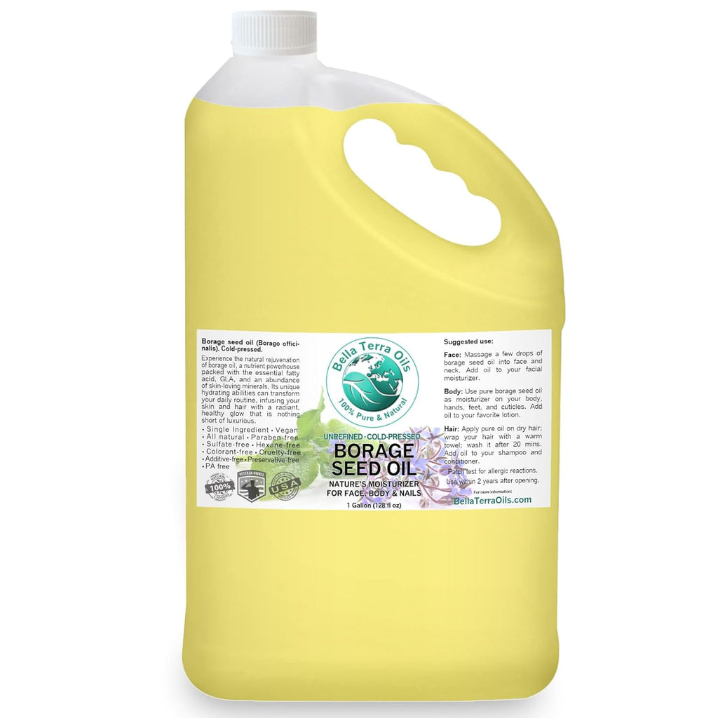 Bella Terra Oils Premium Borage Seed Oil with High GLA – 1 gallon, Luxurious Skin Radiance, Quick Absorption, Nourishing