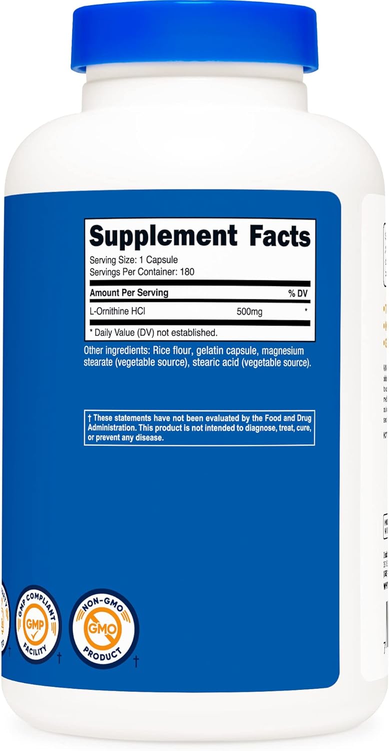Nutricost L-Ornithine 500mg; 180 Capsules (3 Bottles)