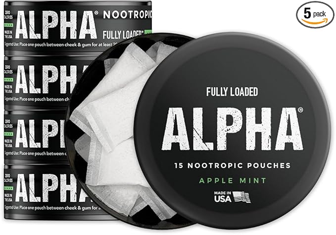 Fully Loaded Alpha Nootropic Pouches (Apple Mint) - 5 Cans - 15 Pouches per can - Effective Nootropic Delivery, Nic Pouch Replacement - Faster Absorption, Alpha GPC, L-Tyrosine, GABA