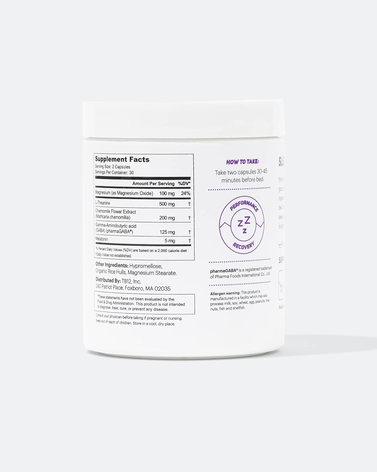 TB12 Sleep - Sleep Supplement with Magnesium, L-Theanine, Chamomile, GABA, and Melatonin to Fall Asleep Faster, Promote Relaxation, and Improve Sleep Quality. Stress and Mood Nightly Support