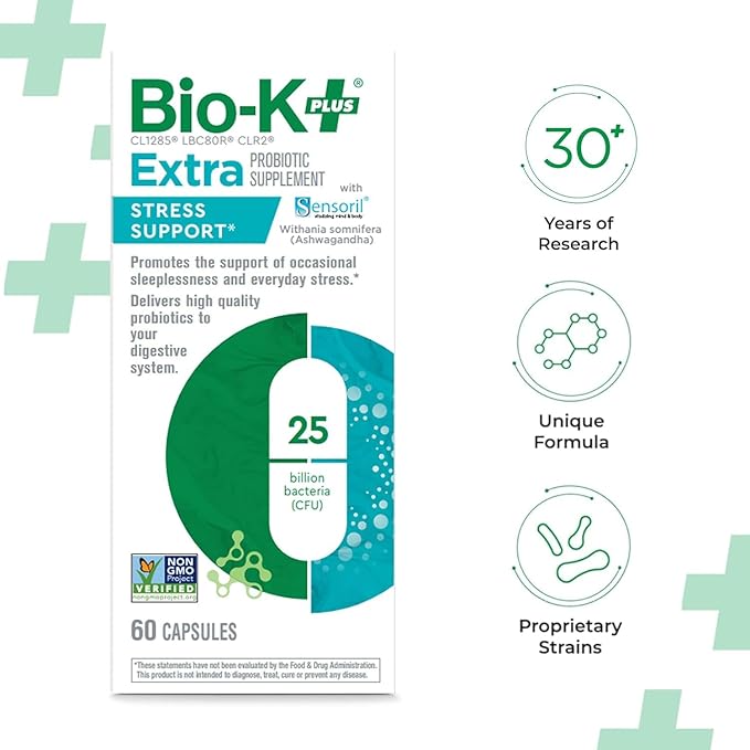 Bio K+ Extra Stress Support with Sensoril - Ashwagandha – Vegan Probiotics Supplement for Everyday Stress, Supports Sleep - 25 Billion CFU 3 Strains – 60 Capsules