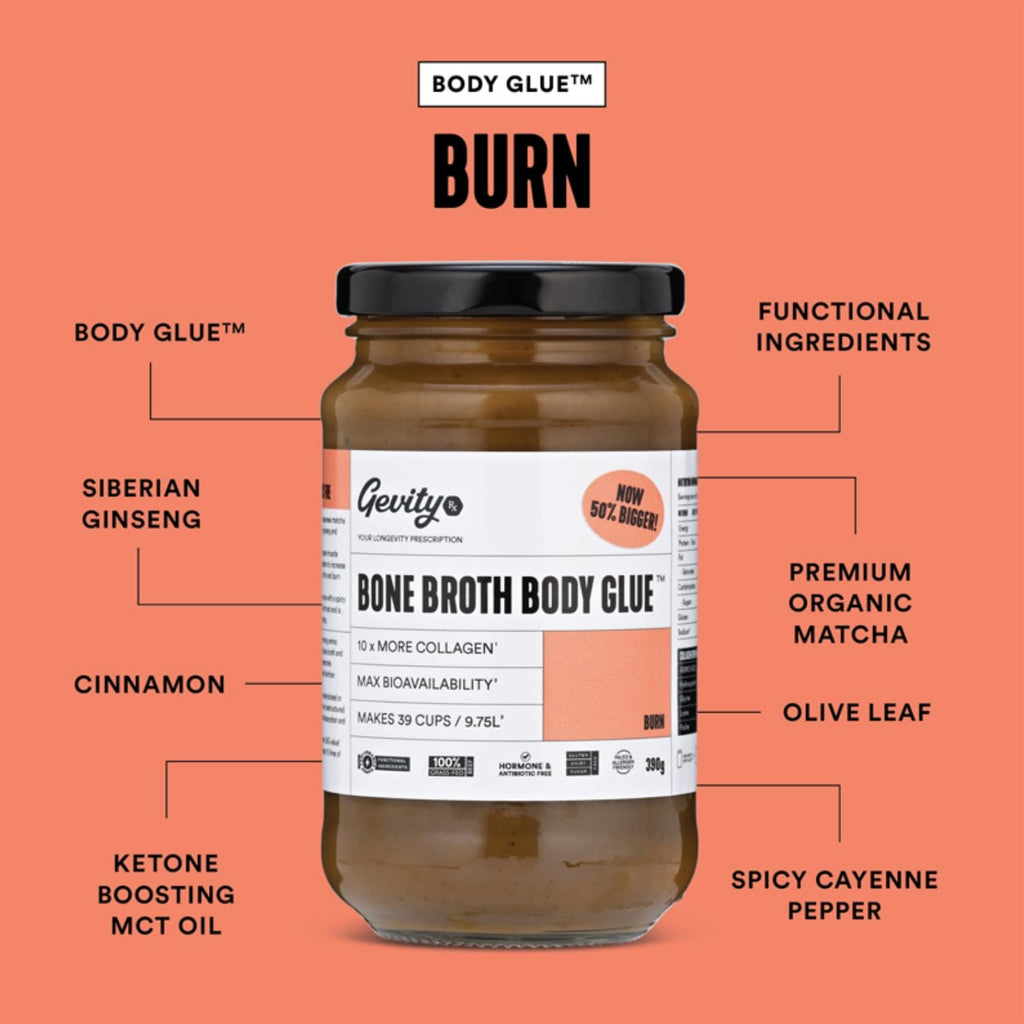 Gevity Rx Bone Broth Body Glue ® - BURN - Bone Broth - Concentrate - 10x more collagen* - 39 servings - Functional Ingredients - 100% Grass Fed Beef Bones- 9.75 Litres, 329 Fl. Oz. (13.75 Ounce, Burn)