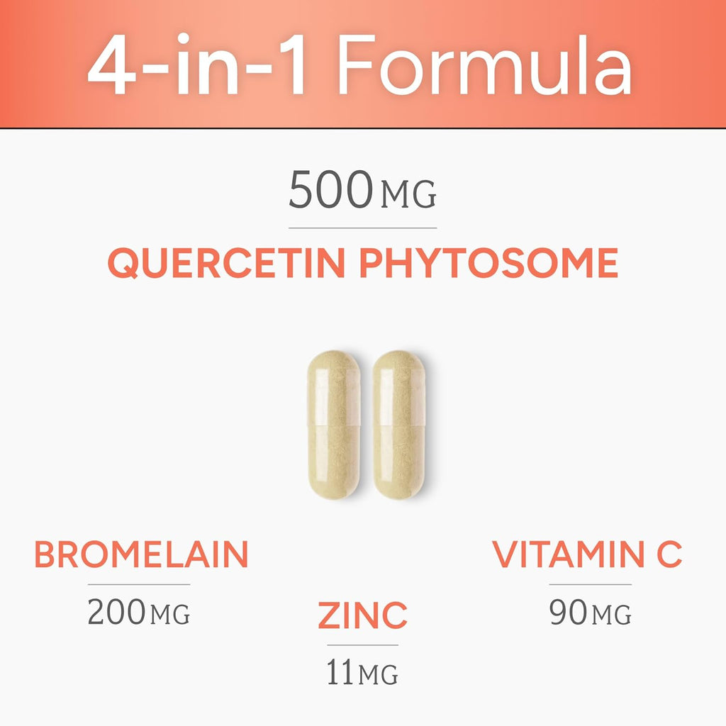 High Absorption Quercetin with Bromelain, Vitamin C and Zinc - 500mg Quercetin Phytosome - 50x More Absorption - Supports Immune Function & Cellular Health - USA Manufactured Supplement - 60 Capsules