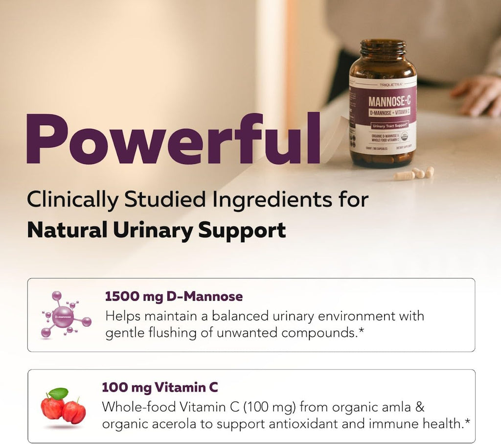 Mannose-C - Organic D-Mannose + Whole Food Vitamin C, Natural UTI Support Supplement to Flush & Cleanse Urinary Tract, Certified Organic Urinary Health for Women, Vegan, Non-GMO (180 Count)