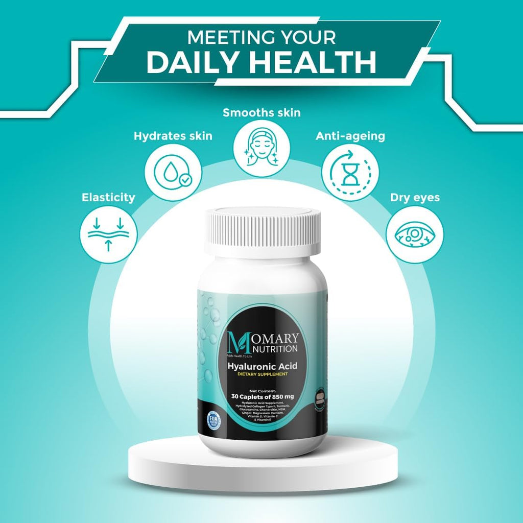 Hyaluronic Acid Supplement, Natural Skin Hydration, Advanced Joint Support and Mobility Booster, Type II Hydrolyzed Collagen, Turmeric, Glucosamine, Chondroitin, 30Caplets 850Mg