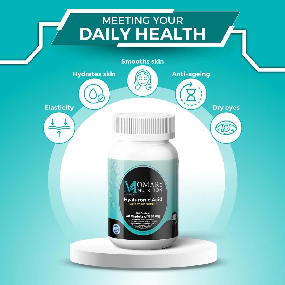 Hyaluronic Acid Supplement, Natural Skin Hydration, Advanced Joint Support and Mobility Booster, Type II Hydrolyzed Collagen, Turmeric, Glucosamine, Chondroitin, 30Caplets 850Mg