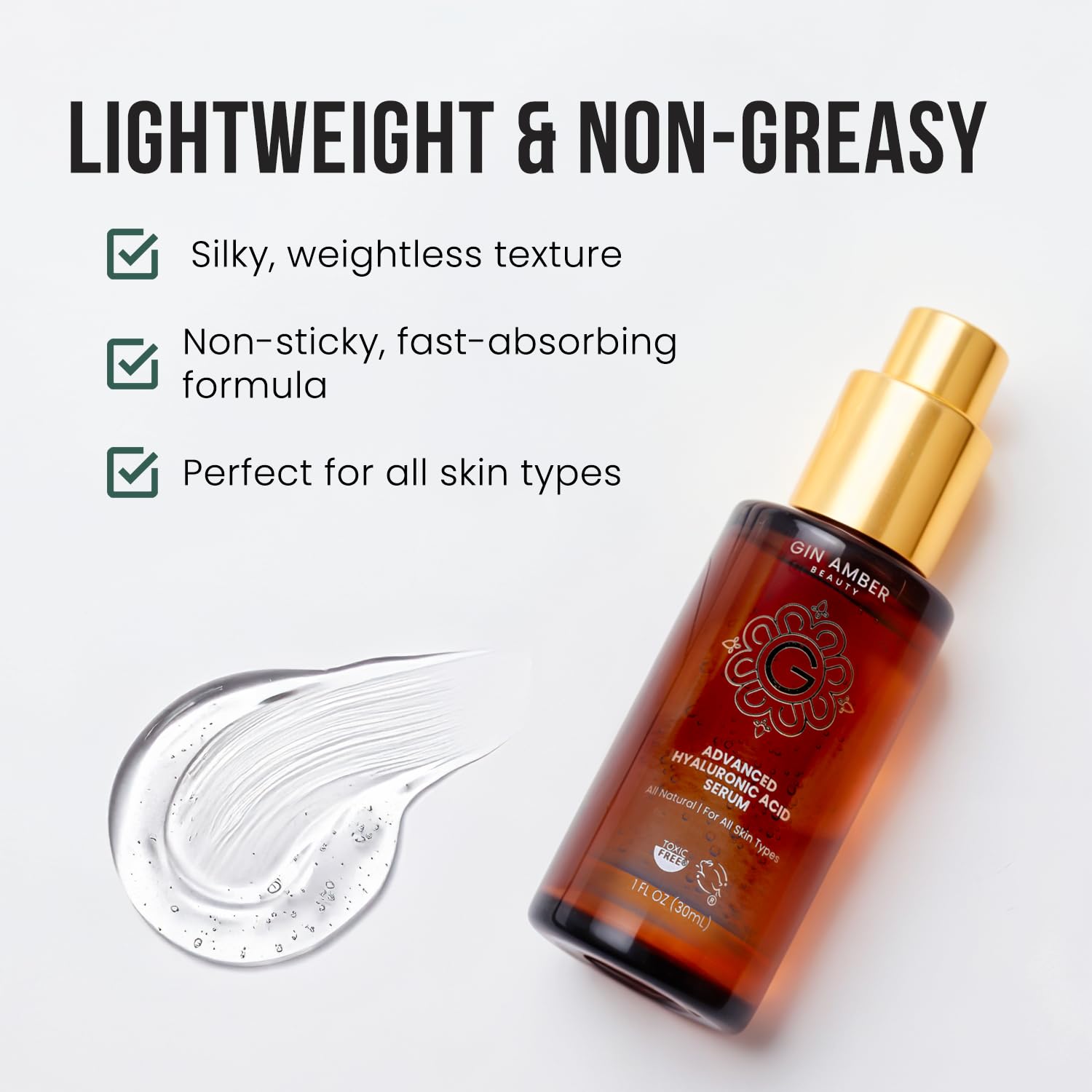 Gin Amber Beauty - Advanced Hyaluronic Acid Serum For Face - Hydrating Facial Serum - Face Serum Hyaluronic Acid (1 fl. oz, 30 ml)