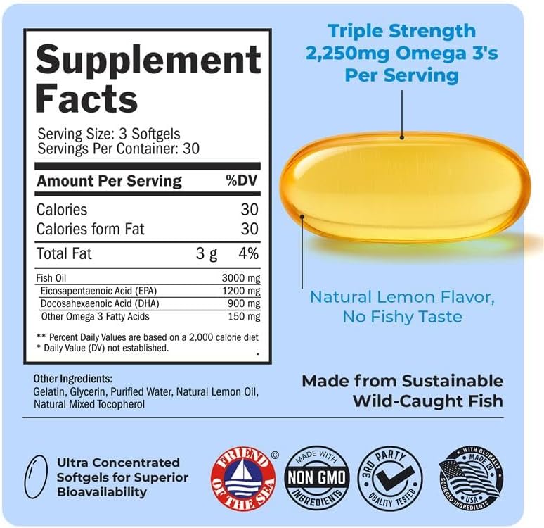 Triple Strength Omega 3 Fish Oil Supplement - 2250mg EPA DHA Omega 3 Fatty Acids from Fresh Wild Caught Fish, Burpless Lemon Flavor Formula Supports Eye Health and More, Gluten Free, 90 Softgels