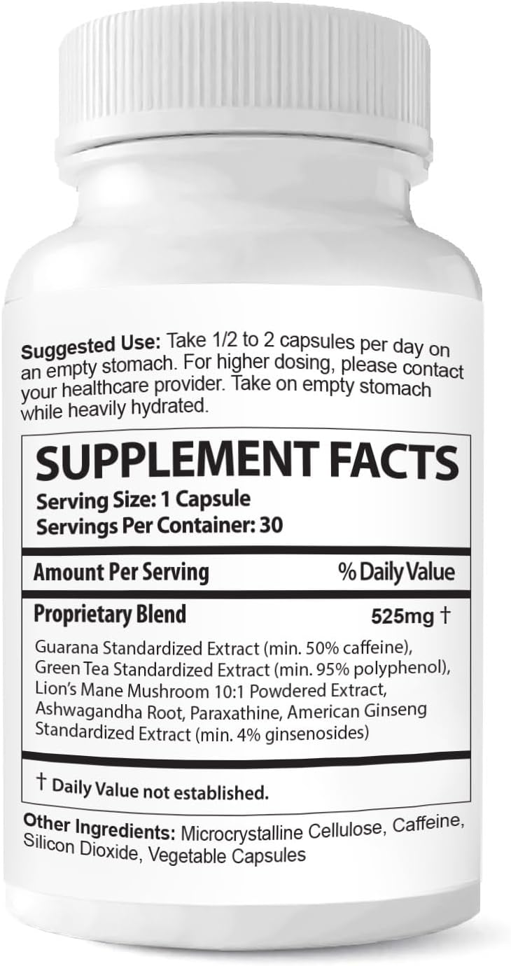 Power & Speed - 30 Capsules - Focus & Energy Nootropic Supplement – Natural Brain Boost with Guarana, Green Tea, Lion’s Mane, Ashwagandha, Paraxanthine & American Ginseng