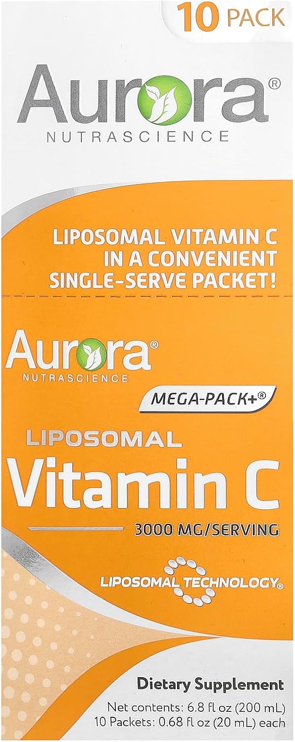 Aurora Nutrascience Mega-Pack Liposomal Vitamin C, Immune Support, 3,000 mg Per Serving, Vegan, Gluten Free, Non-GMO, 10 Single Serve Packets, Orange