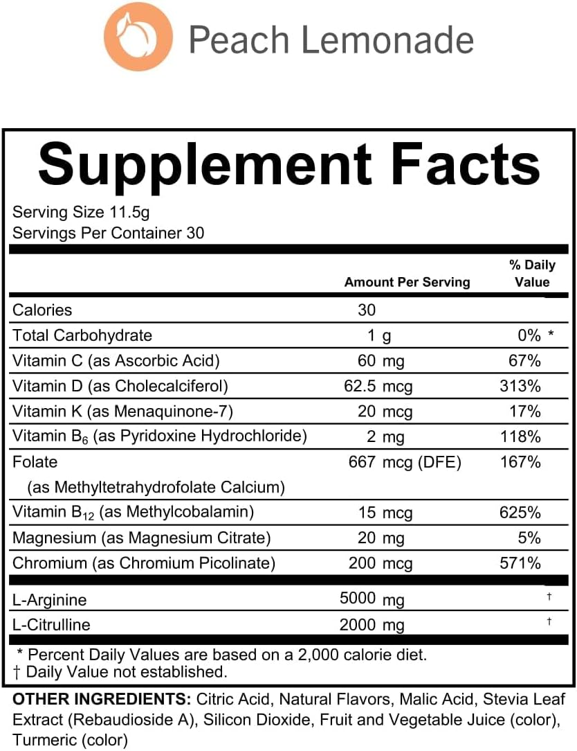 L-Arginine Complete, Peach Lemonade - 5000mg L Arginine, Nitric Oxide Booster, Natural Supplement, Increases Energy and Endurance