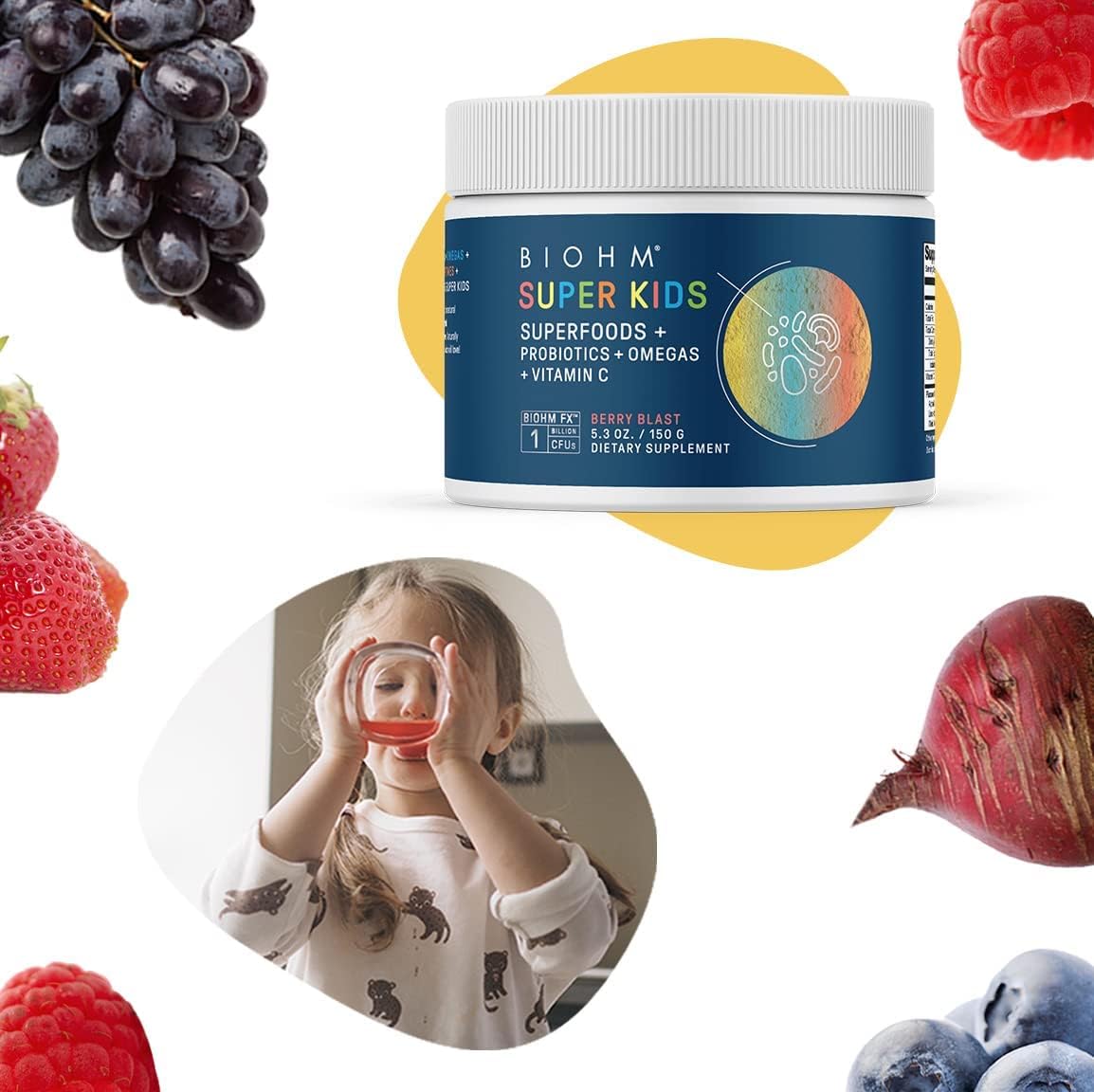 BIOHM Super Kids Superfood Powder Plus Probiotics, (5.3 Oz, 30 Servings) Delicious Berry Blast, Antioxidants, Omega 3 & Vitamin C, Non-GMO, Dairy Free, No Artificial Ingredients, Vegetarian, Ages 4+