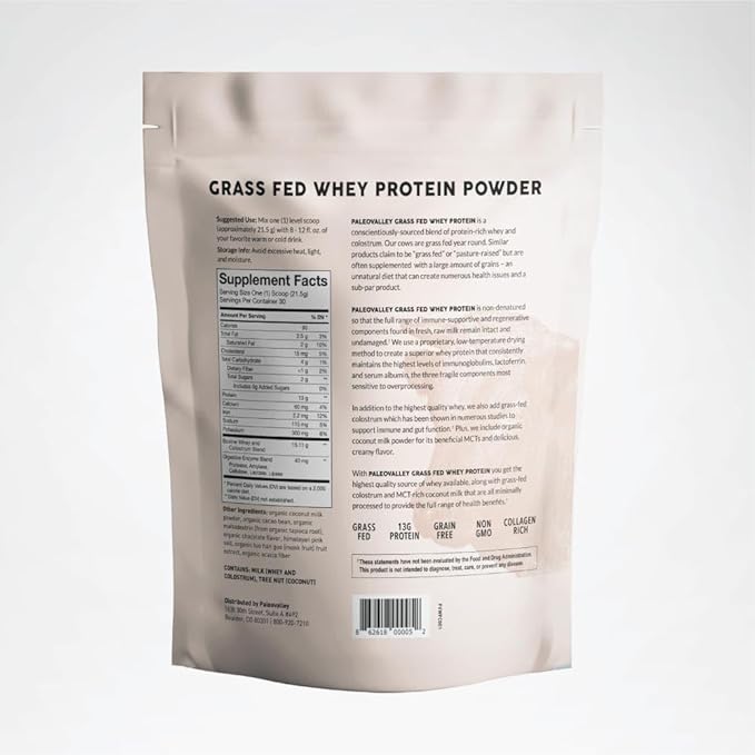 Paleovalley 100% Grassfed Whey Protein Powder with Colostrum, 30 Serving, 13g Protein, Vanilla, Muscle Building, Immune Support, Gut Health